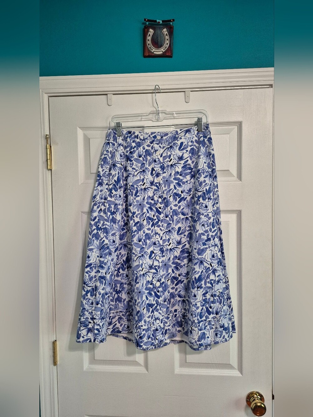 Floral A-Line Midi Skirt in Blue and White